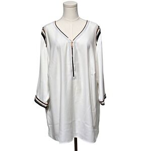 Ambria Tunic Blouse Womens 22 White Brown Zipper Accent 3/4 Sleeve Top Plus Size